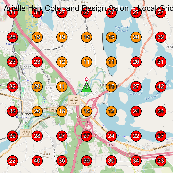 Arielle Hair Color and Design Salon GeoGrid visibility map for Home Health Care Service in Brewster